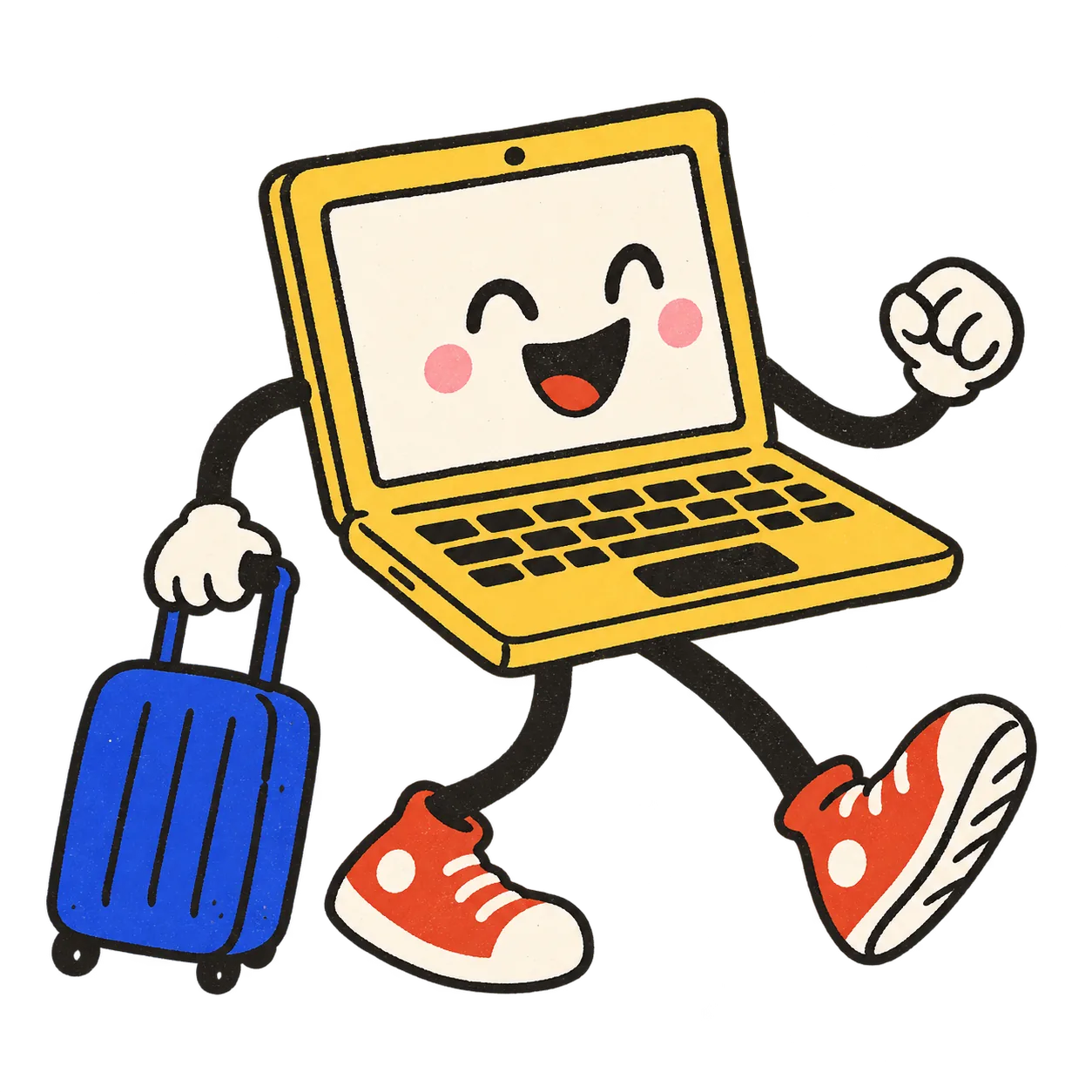 A cheerful yellow laptop in red sneakers, heading out with a blue suitcase.
